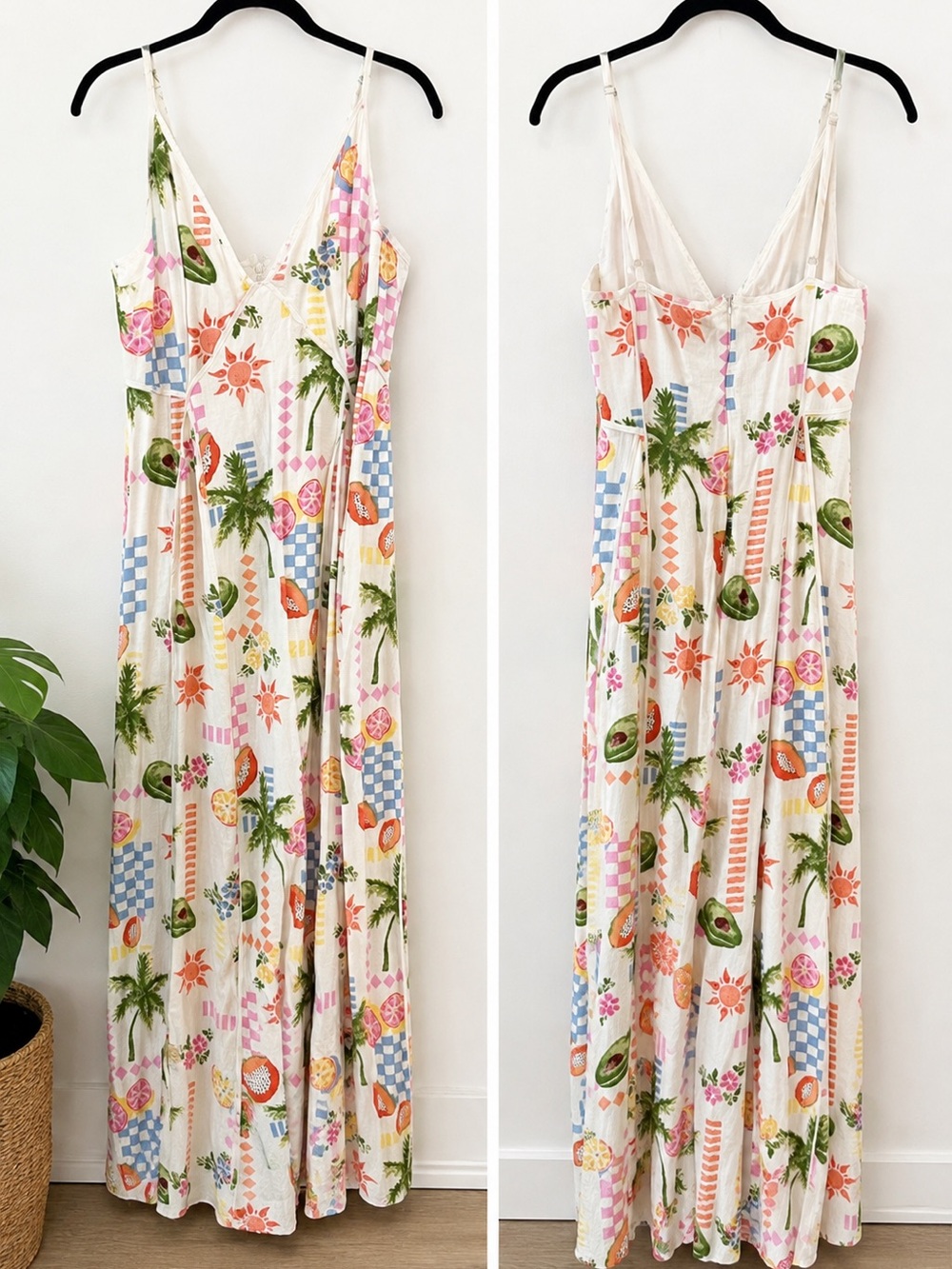 Sleeveless White Tropical Print Maxi Dress